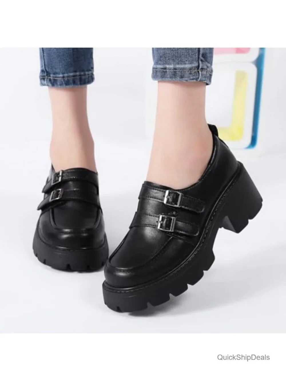 Women's Chunky Platform Loafers Double Buckle Monk Strap Slip On Lug Sole